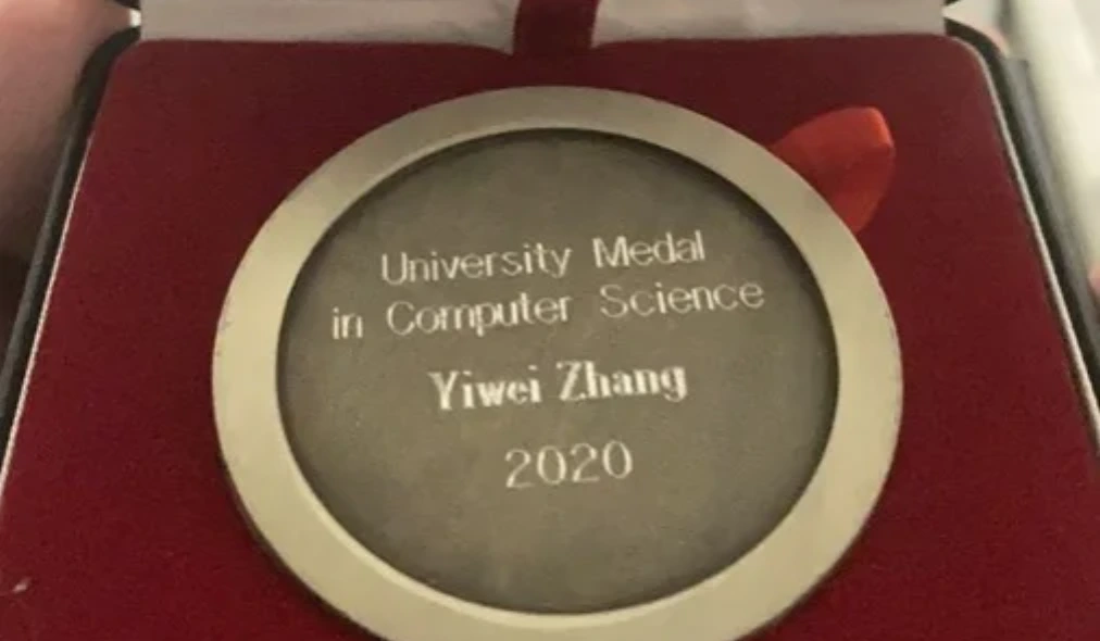 Carleton University Medal in Computer Science, engraved with Yiwei Zhang, 2020