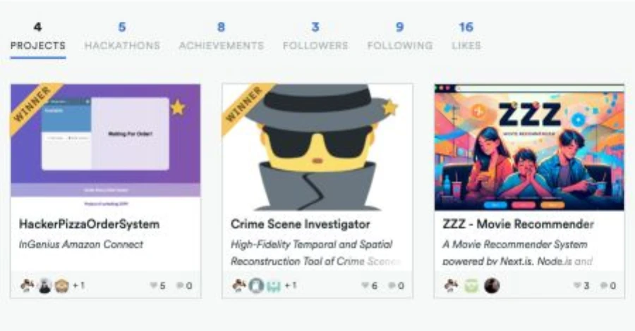 Victor Zhang's Devpost portfolio showing two projects marked Winner